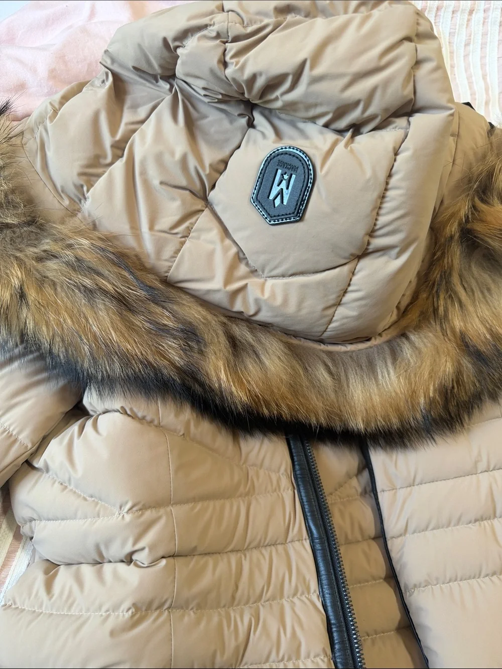 Mackage Women's Beige Quilted Puffer Coat with Faux-Fur Hood